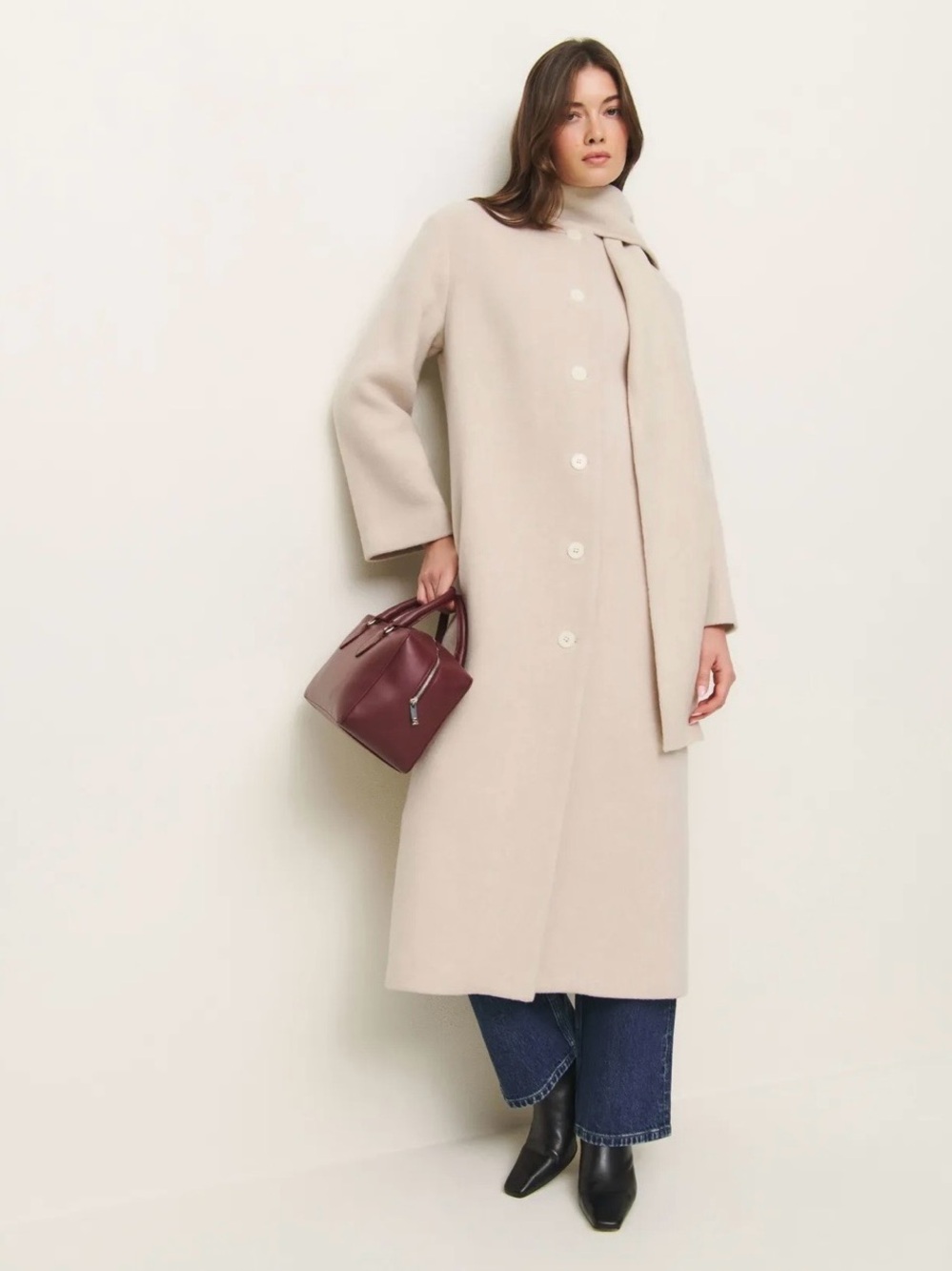 NEW NWT Reformation Asher Coat Cream Ivory Wool Long Trench Detachable Scarf XL